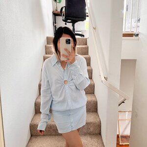 Song of Style Light Blue Button-Front Mini Dress with Ring Detail